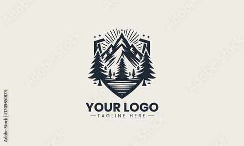 Powerful black and white vector logo of majestic mountains and pine trees, a stunning design for outdoor adventure brands