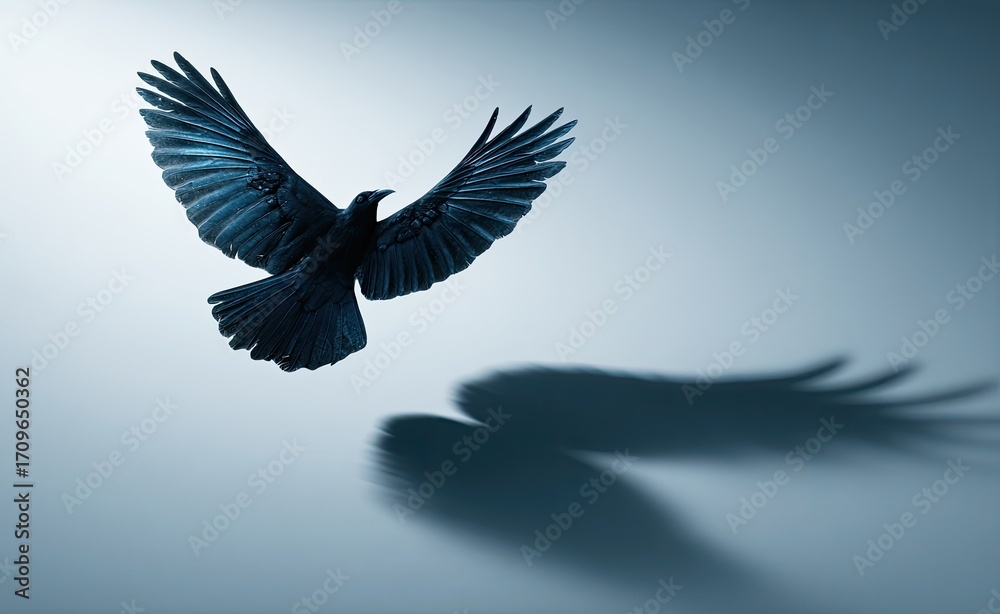 Fototapeta premium Dark bird in flight, casting shadow
