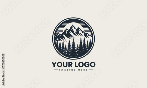 Powerful black and white vector logo of majestic mountains and pine trees, a stunning design for outdoor adventure brands