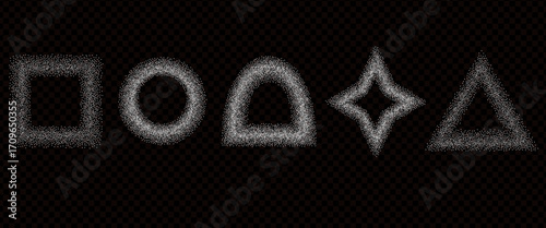Scatters powder geometric shapes frames. Sugar dust in triangle, circle shapes on dark background. White noise gradient arch and twinkle. Flying baking flour top view borders vector illustration.