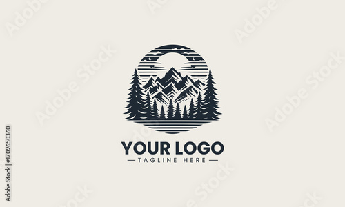 Powerful black and white vector logo of majestic mountains and pine trees, a stunning design for outdoor adventure brands