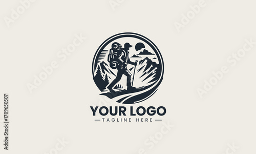Dynamic black and white vector logo of a hiker with a backpack in front of mountains, a superb design for outdoor enthusiasts