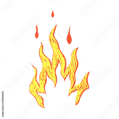 Isolated yellow fire with crayon texture. Scribble flame with texture. Vector illustration