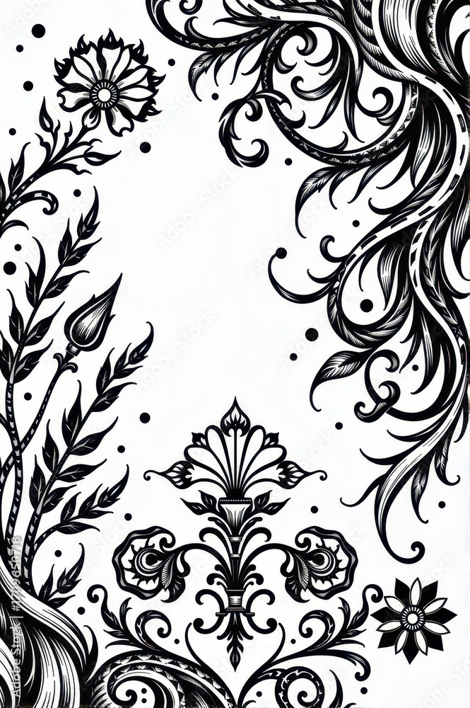 Fototapeta premium Intricate black engraving on a stark white background, detailed lines and patterns creating a complex design, aesthetic, lines, black and white