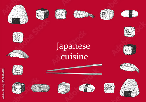 Japanese Restaurant Menu. Hand-drawn illustration of dishes and products. Ink. Vector	