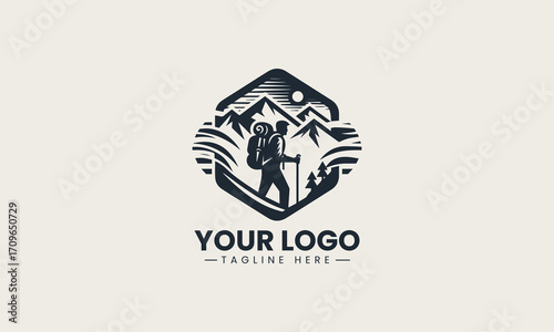 Dynamic black and white vector logo of a hiker with a backpack in front of mountains, a superb design for outdoor enthusiasts