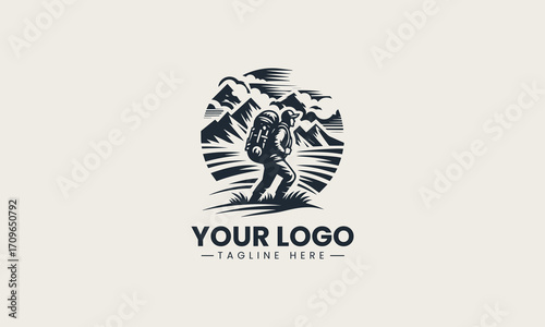 Dynamic black and white vector logo of a hiker with a backpack in front of mountains, a superb design for outdoor enthusiasts
