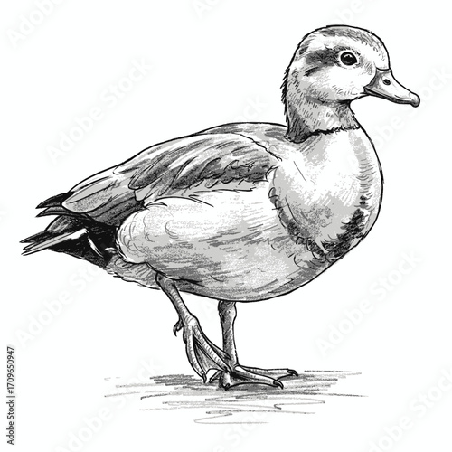 Hand-drawn sketch illustration of a cute duckling or small duck standing, detailed farm bird in grayscale.
