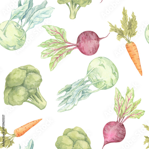 Watercolor illustration of beetroot, carrot, and kohlrabi in rich green and earthy tones. vegetable Seamless pattern suitable for kids nutrition prints, tea towels, and compostable bags
