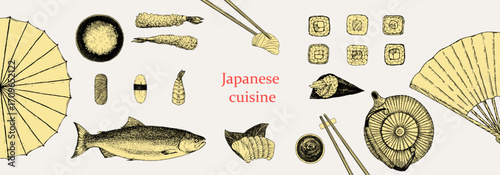 Japanese Restaurant Menu. Hand-drawn illustration of dishes and products. Ink. Vector	
