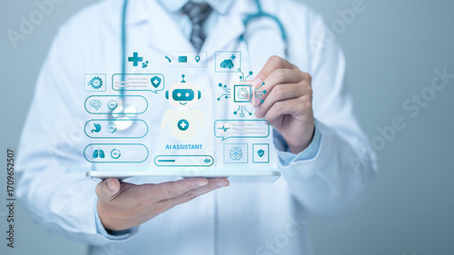 Healthcare Chatbot and Medical technology concept. A doctor using a smartphone with AI-powered healthcare chatbot icons representing medical assistance, health monitoring. online medical consultation.