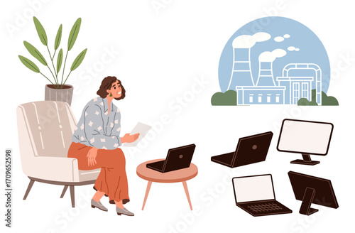 Woman seated on chair reads document nearby laptops, monitors, and industry plant signify work-life balance, remote work, sustainability, technology, industry impact, decision-making, simple flat