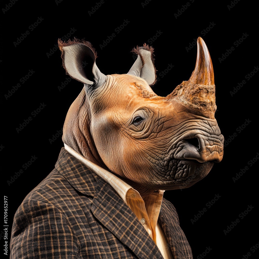 Obraz premium A rhino wearing a plaid suit and shirt stands against a black background Animal Wildlife