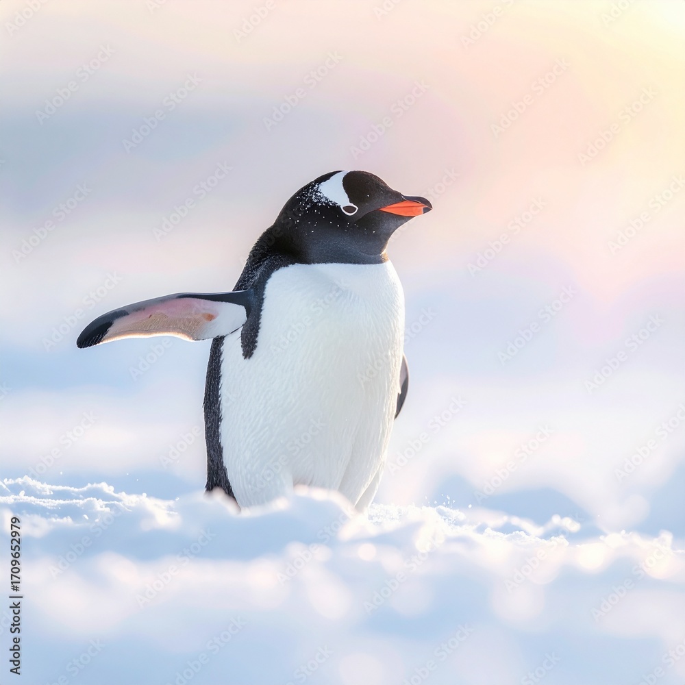 Obraz premium Penguins in natural Antarctic habitat with snow, ice and ocean background