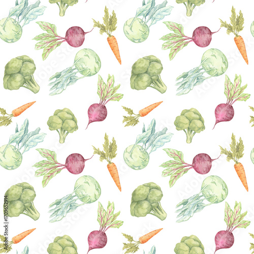 Carrot, broccoli, beetroot, and kohlrabi in loose watercolor style. Seamless pattern vegetable clipart ideal for packaging, food-themed stationery, and textile printing