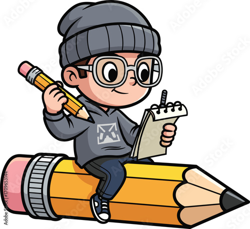 Cute cartoon artist boy with glasses and beanie riding a giant pencil