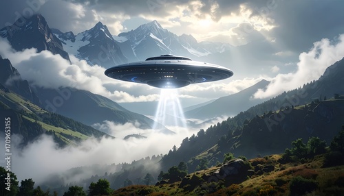 UFO Above Misty Mountain Valley with Spotlight