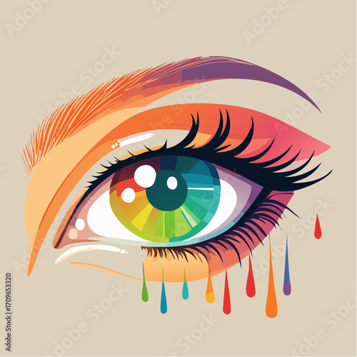 Artistic illustration of a human eye featuring a rainbow-colored iris, vivid makeup