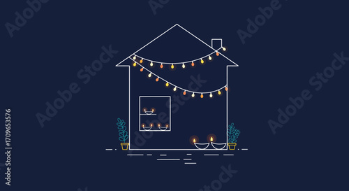 A charming flat design illustration of a house beautifully decorated with string lights and diyas, capturing the festive ambiance of Diwali. This vector image symbolizes home celebrations