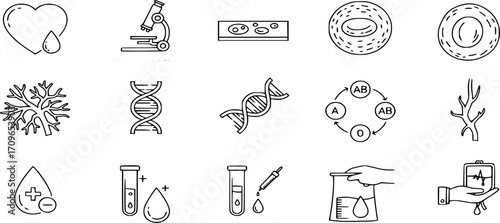 Blood icon set. Charity, Hematology, Blood Cell, Vessel, DNA, Blood Group, RH Factor, Blood Test, and blood donation line icons vector