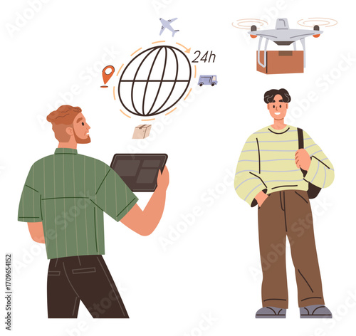 Man holding digital tablet planning global logistics delivery themes with quadcopter, 24-hour service, and transportation. Ideal for technology, e-commerce, innovation, automation, logistics