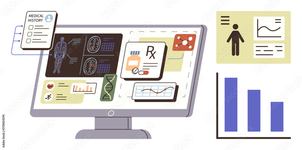 custom made wallpaper toronto digitalDoctor screen displaying health records, medical scan results, DNA analysis, prescriptions, graphs, and statistics. Ideal for healthcare, telemedicine, patient monitoring diagnostics medical