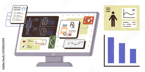 Wallpaper Mural Doctor screen displaying health records, medical scan results, DNA analysis, prescriptions, graphs, and statistics. Ideal for healthcare, telemedicine, patient monitoring diagnostics medical Torontodigital.ca