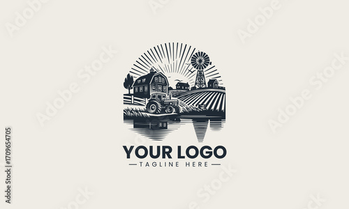 Beautiful black and white vintage farm landscape with buildings, a windmill, and a tractor, a wonderful illustration