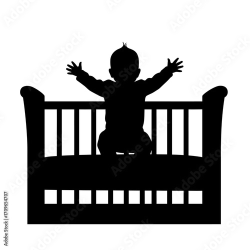 Joyful baby silhouette sitting in crib arms outstretched celebrating early morning playtime and waking up
