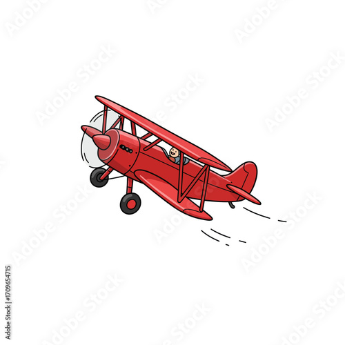 Retro red biplane aircraft flying through clouds detailed realistic artwork vintage aviation art