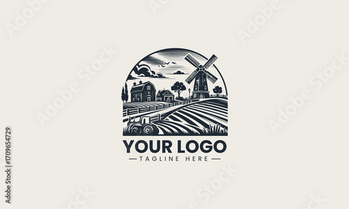 Beautiful black and white vintage farm landscape with buildings, a windmill, and a tractor, a wonderful illustration