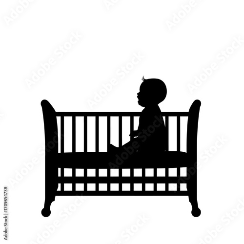 Silhouette of a baby sitting in a classic crib with a representing innocence and childhood