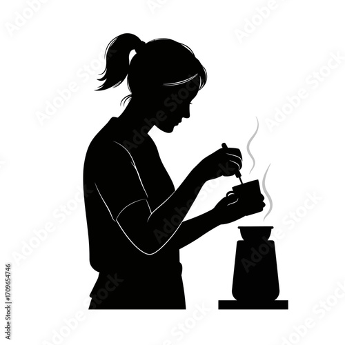 Silhouette of a woman preparing a hot beverage with steam rising from a cup and an infuser.