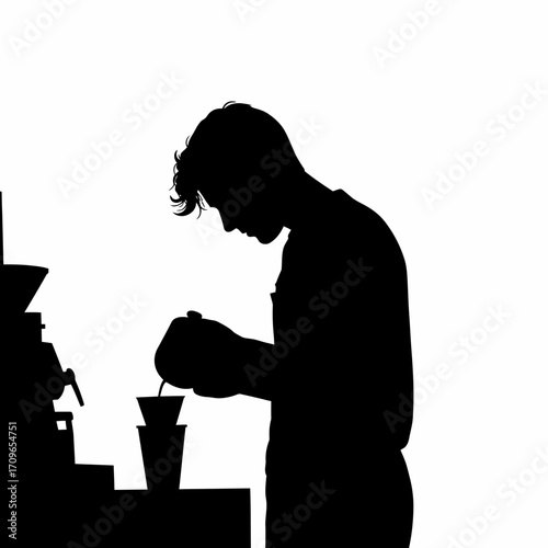 Silhouette of a barista preparing coffee with steam rising in a stylish cafe setting
