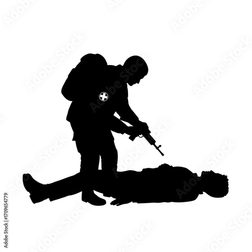 Military medic silhouette providing aid to wounded soldier on