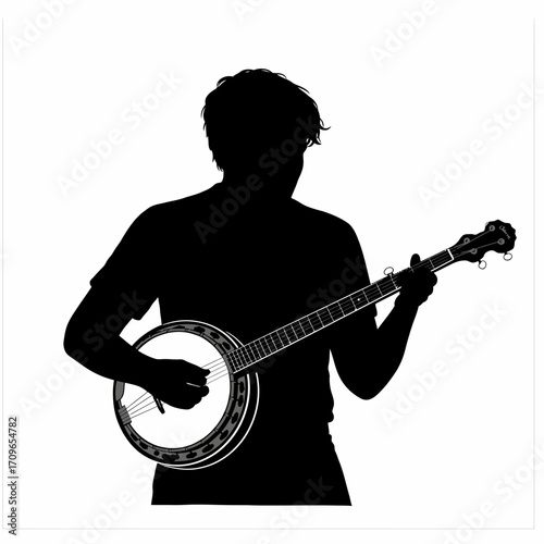 Silhouette of a musician playing a banjo acoustic musical instrument in a dynamic pose