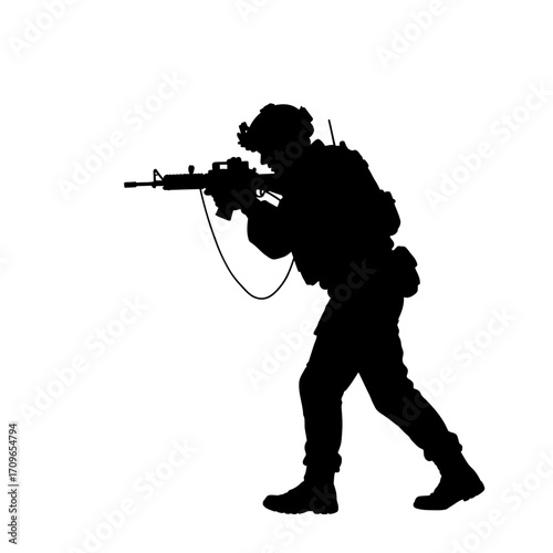 Silhouette of a soldier aiming a rifle ready for combat tactical gear active shooter