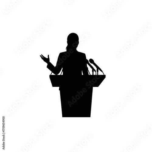 Silhouette of a speaker presenting at a podium with microphones public speaking event speech