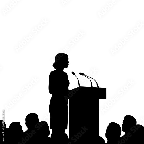 Silhouette of a woman speaking at a podium to an audience during a presentation or speech