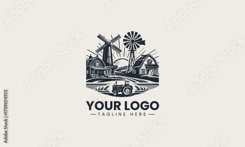 Beautiful black and white vintage farm landscape with buildings, a windmill, and a tractor, a wonderful illustration