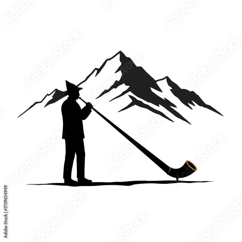 Silhouetted alpine musician playing alphorn against majestic mountain landscape