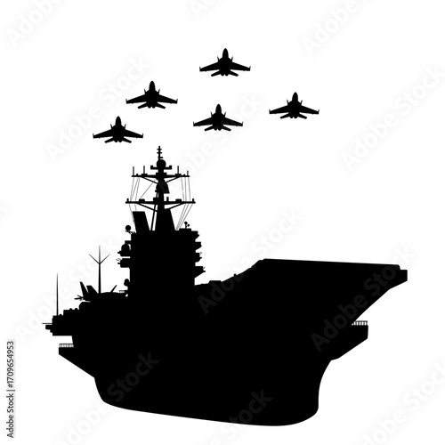 Silhouette of an aircraft carrier with fighter jets flying in formation overhead showcasing naval power