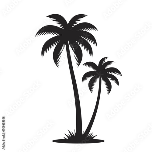 Silhouette of two palm trees with lush greenery against a white backdrop minimalist tropical vibe
