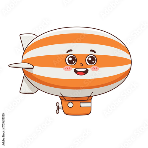 Cute cartoon blimp with orange and white stripes and a smiling face flying