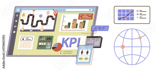 Interactive data dashboard featuring charts, graphs, roadmaps, performance indicators, and a globe connecting points. Ideal for business, analytics, strategy, management planning global tracking