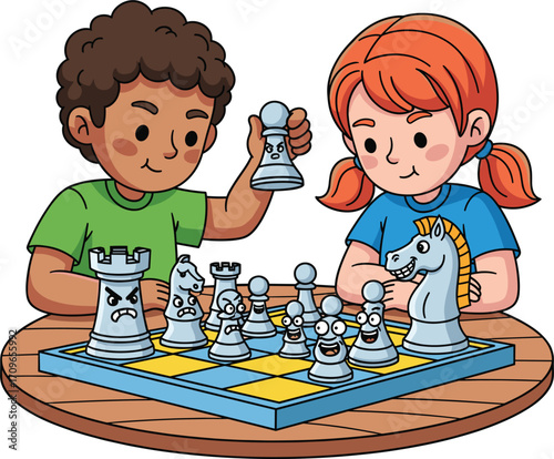 Children playing chess together on a wooden board
