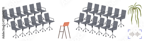 Single red chair stands out among rows of gray office chairs, emphasizing individuality, leadership, and choice. Ideal for leadership, decision-making, teamwork, training, focus creativity