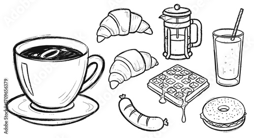 A black and white line art illustration of various breakfast items including coffee, croissants, a waffle, sausage, and a bagel.