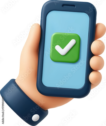 3D Vector Mobile Phone with Check Mark for Online Approval and Verification
