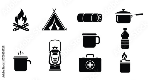 A collection of black silhouette icons representing essential camping and outdoor equipment for adventure and recreation.